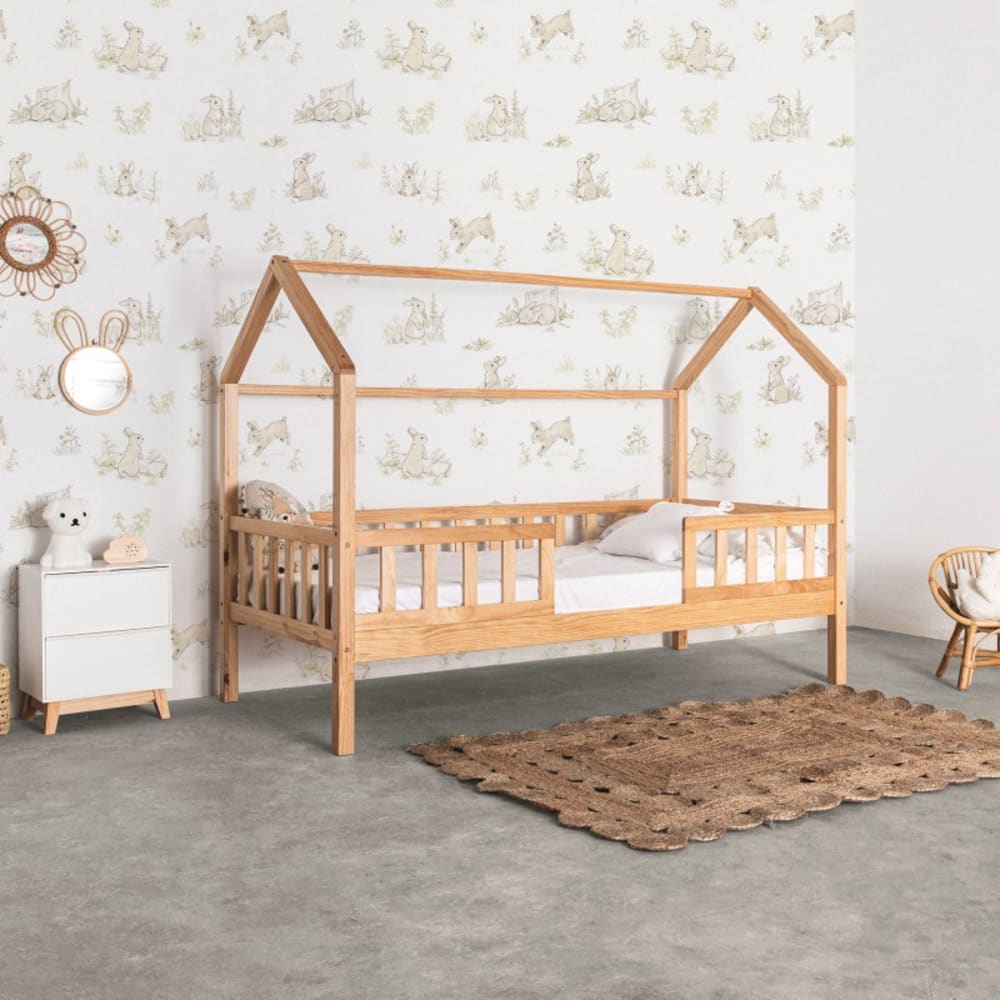 Bett Häuschen mit Geländer Holz Kieferfarbe 90x190 cm - Maisons