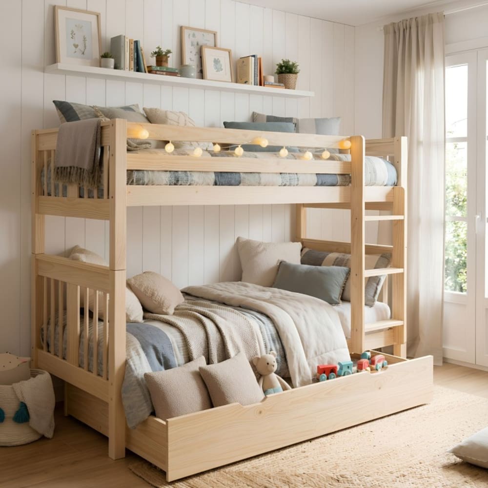 Lit superposé + tiroir de rangement en bois blanc lavé  90x190cm (MueMue) - Image 2