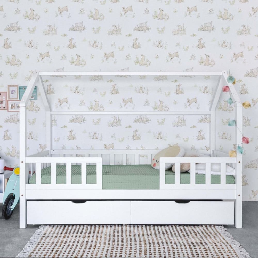MueMue Bett Häuschen mit Geländer + 2 Schubladen Holz weiß 90x190cm Holz Baby