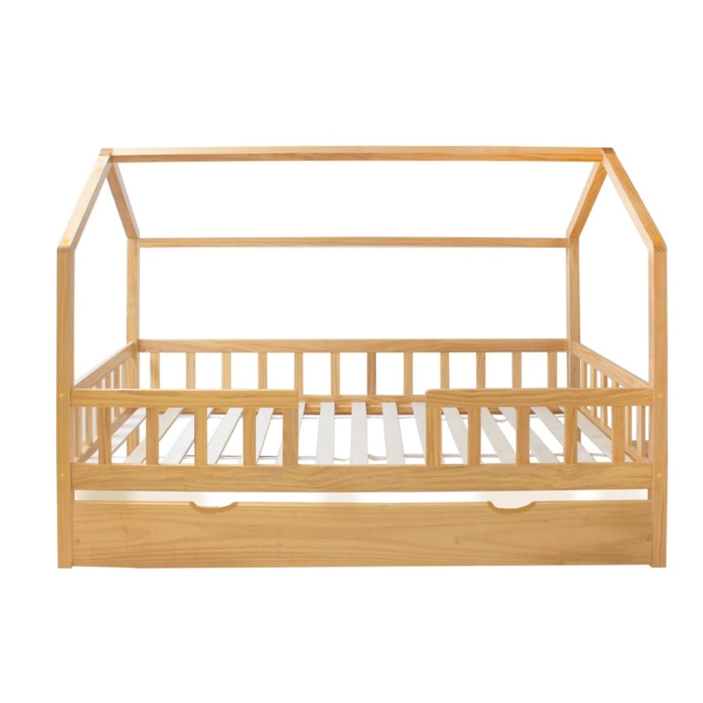 Lit cabane avec barrièrre + lit tiroir bois pin 90x190cm Lit cabane avec barrièrre + lit tiroir bois pin 90x190cm