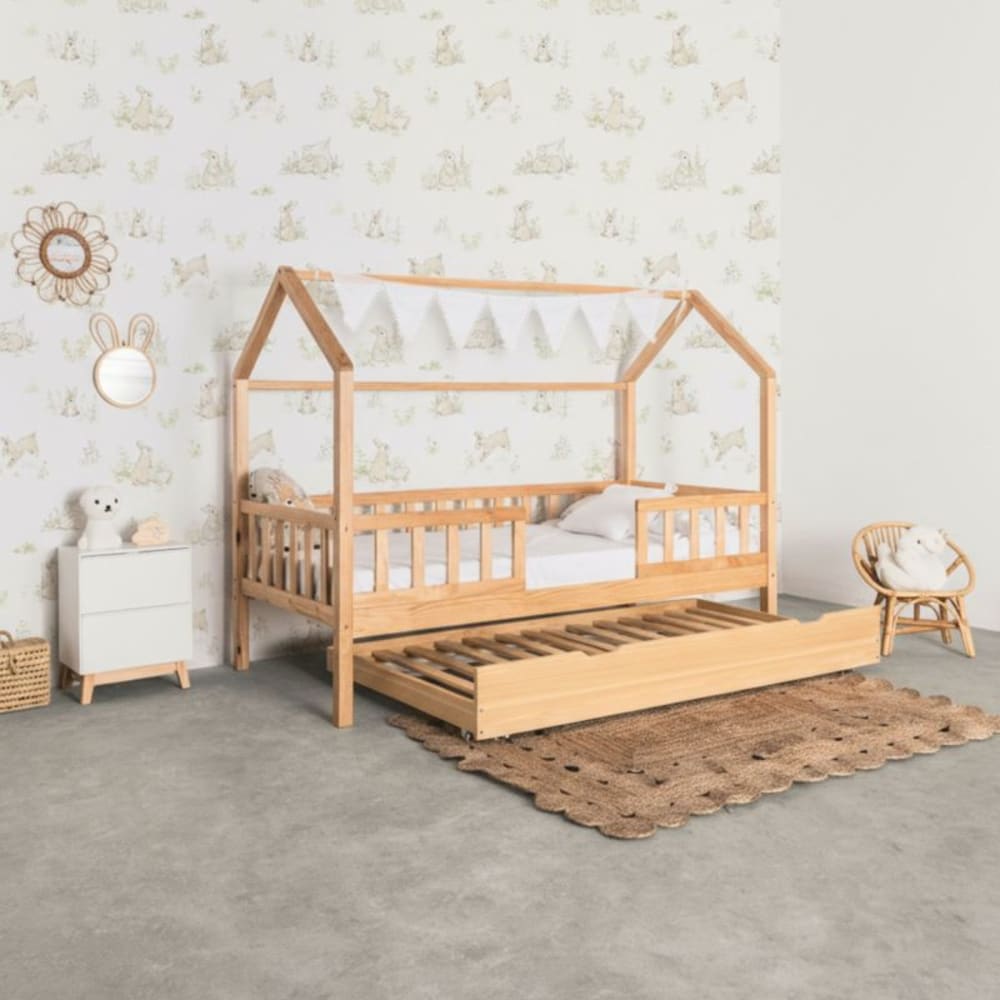 Lit cabane avec barrièrre + lit tiroir bois pin 90x190cm