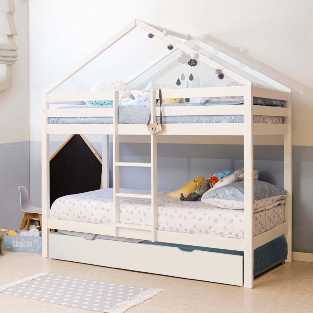 Lit superposé cabane + lit pieds pliants bois blanc 90x190/90x190cm