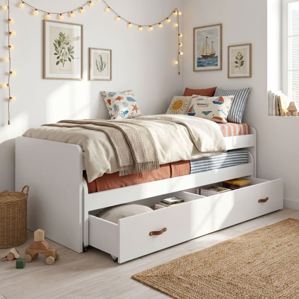 MueMue Bett + Schubladen mit Lattenrost und Matratzen weiß 90x200cm Spanplatte Baby