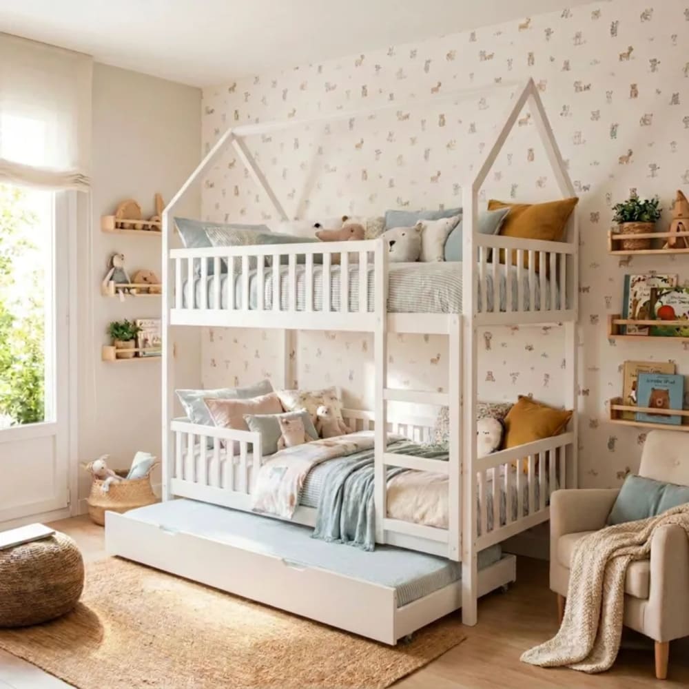 MueMue Etagenbett Häuschene + Ausziehbett Holz weiß 90x190/90x190cm Holz Baby