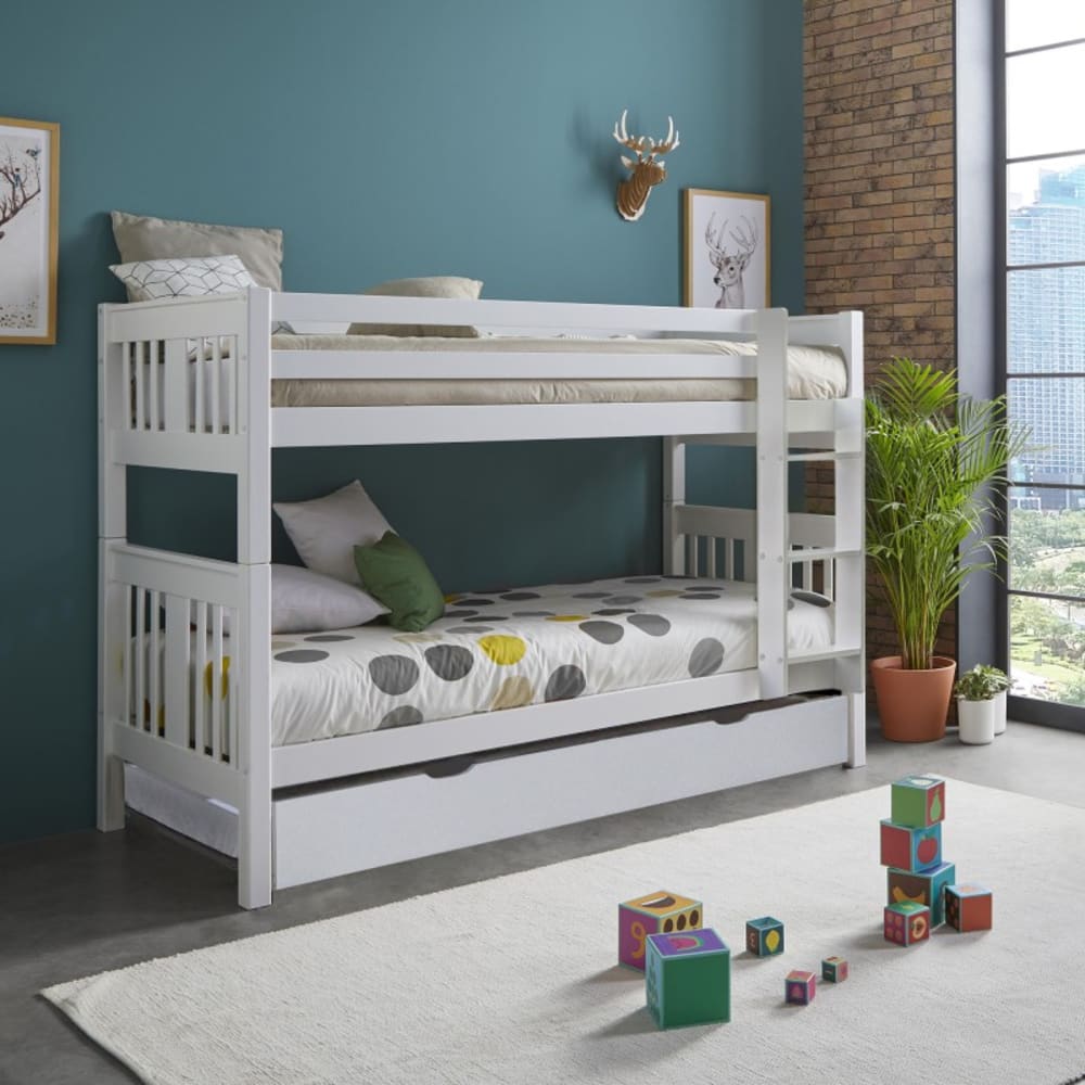 Lit superposé + lit pieds pliants en bois blanc 90x190cm