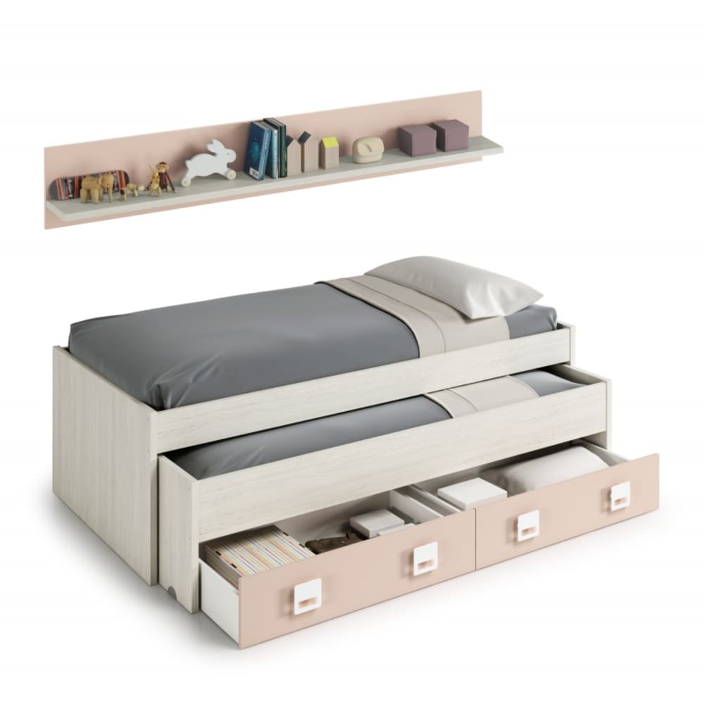Lit + étagère aggloméré rose + somm tap, sommiers +matelas 65x199x96cm
