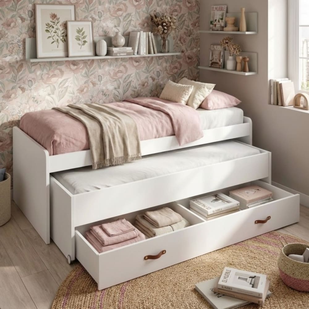 MueMue Bett + Schubladen mit Lattenrost weiß 105x200cm Spanplatte Baby