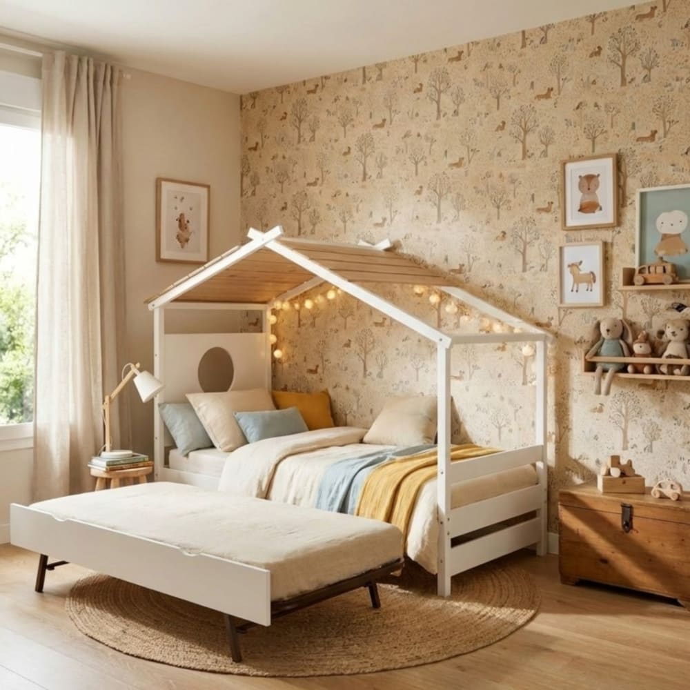 Bett Häuschen + Aufstehbett mit Beine Holz weiß 90x190cm -