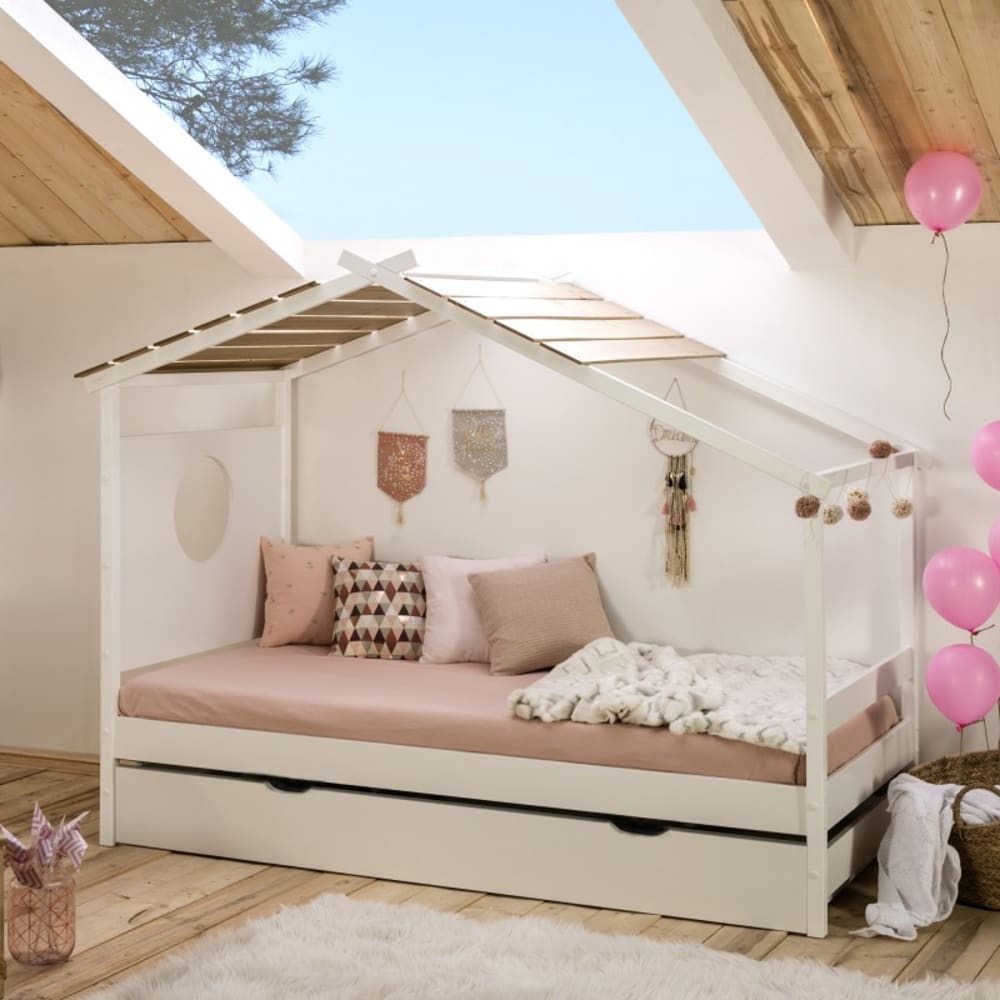 Lit cabane + lit pieds pliants bois blanc 90x190cm