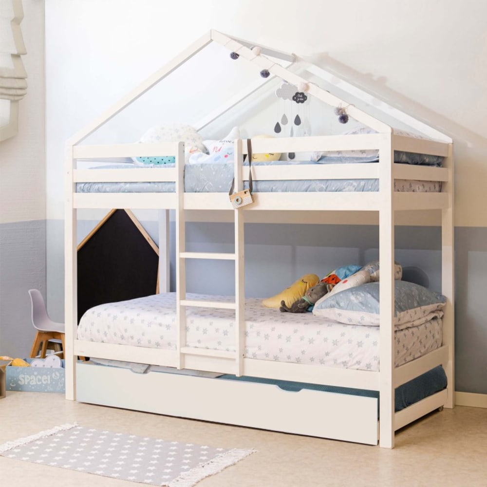 Lit superposé cabane + lit tiroir bois blanc 90x190/90x190cm
