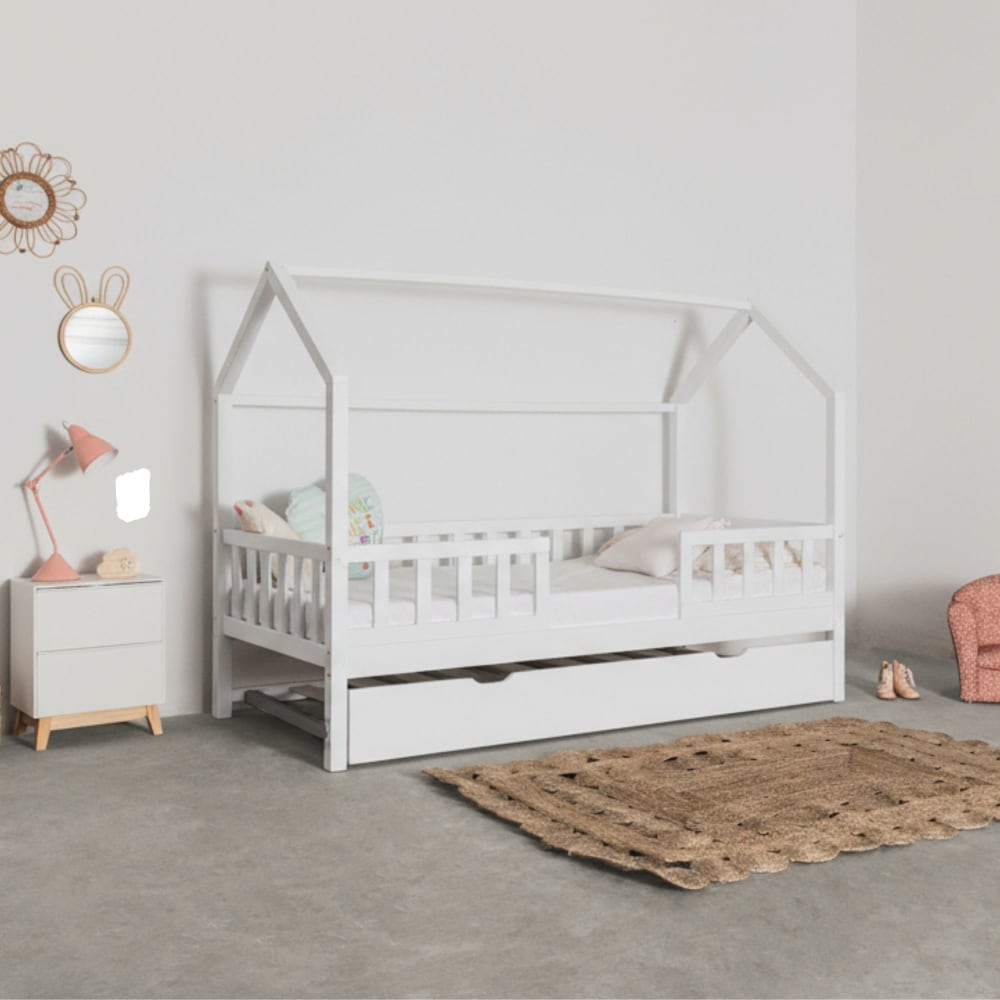 Lit cabane avec barrièrre + lit pieds pliants bois blanc 90x190cm