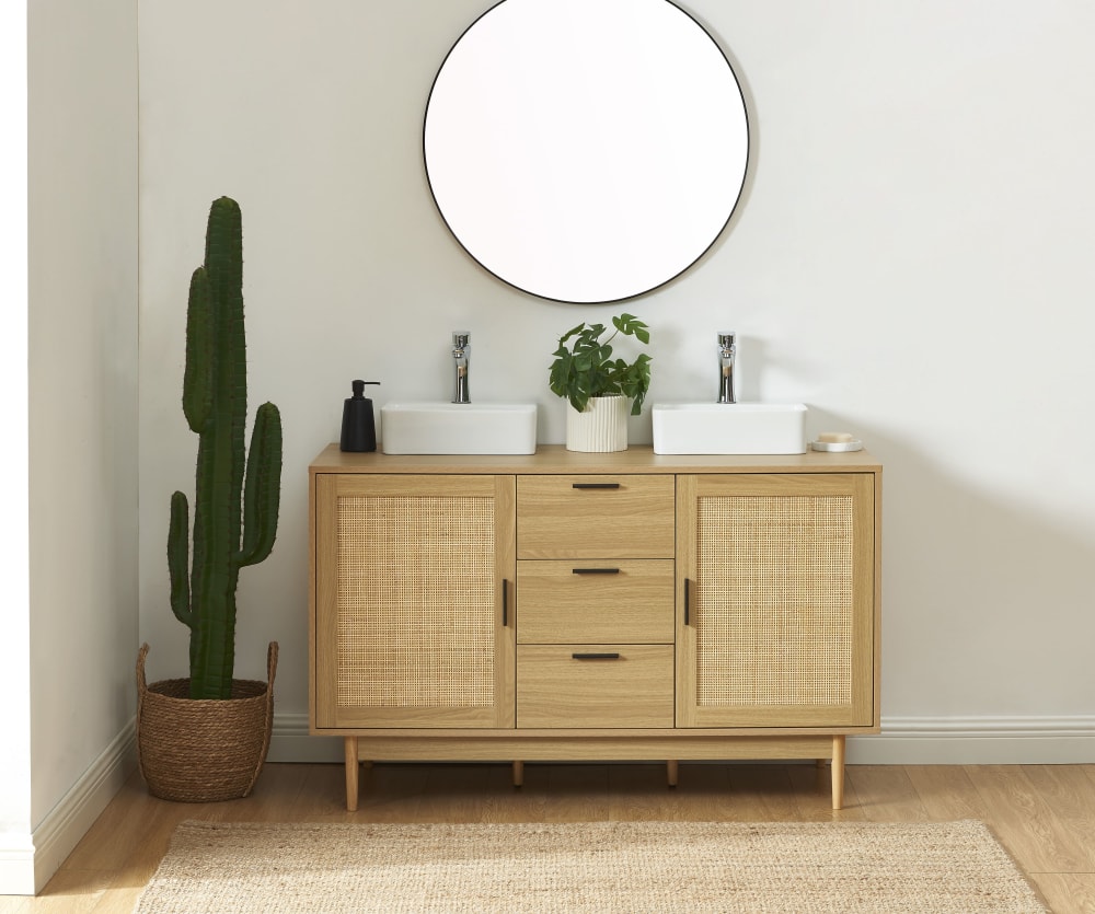 Meuble sous lavabo  effet chêne et cannage rotin 130cm