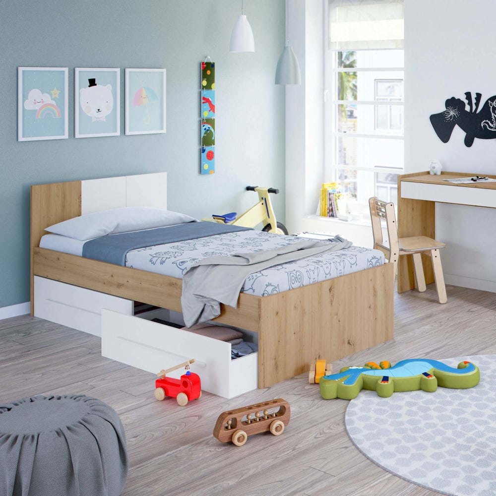 Lit simple effet bois beige, blanc 196x97 cm - Maisons du Monde