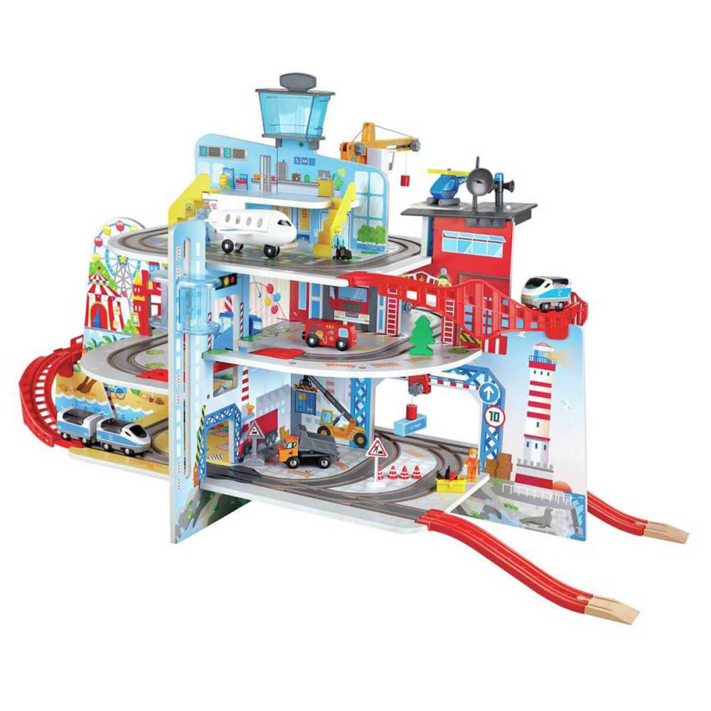 Hape Circuit de train sur 3 niveaux avec grue montagne urbaine Rouge Bois - 65x15x60cm