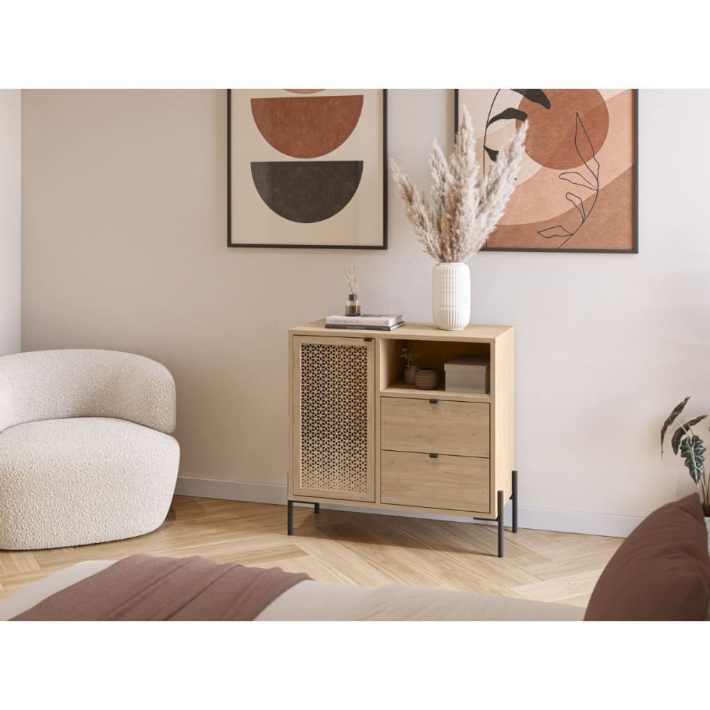 Petit buffet 1 porte, 1 niche, 2 tiroirs décor chêne - l80 cm - Maisons du Monde