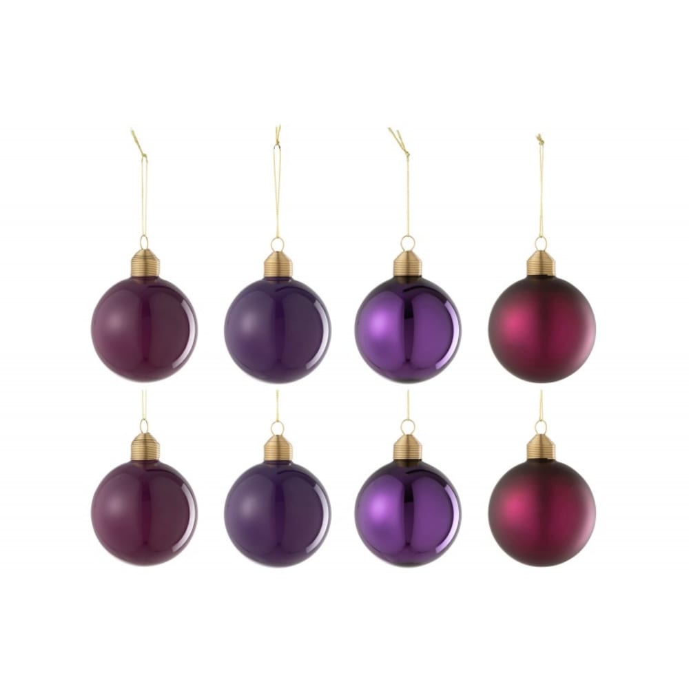 Caja de 8 bolas de navidad de vidrio morado de 8x8x8 cm