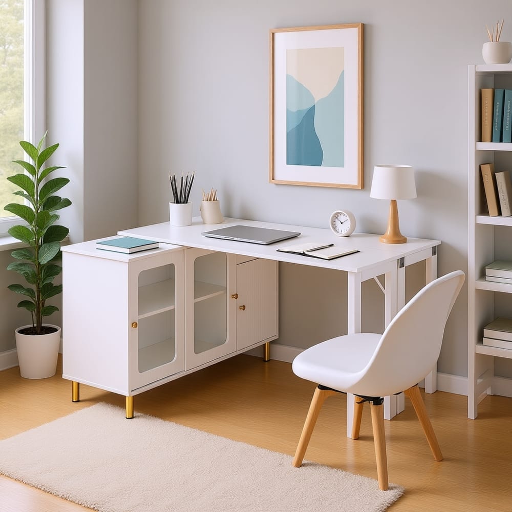 Bureau d’angle blanc avec rangements et design moderne