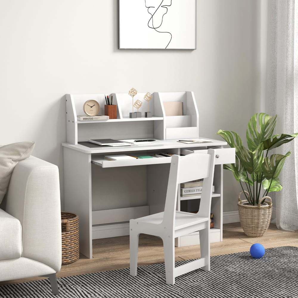 Ensemble bureau, chaise, étagère enfant multi-rangement blanc