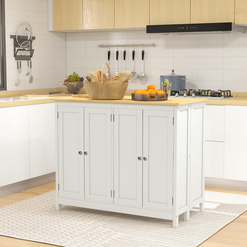 Ens. îlot central cuisine 2 tabourets de bar blanc aspect bois clair