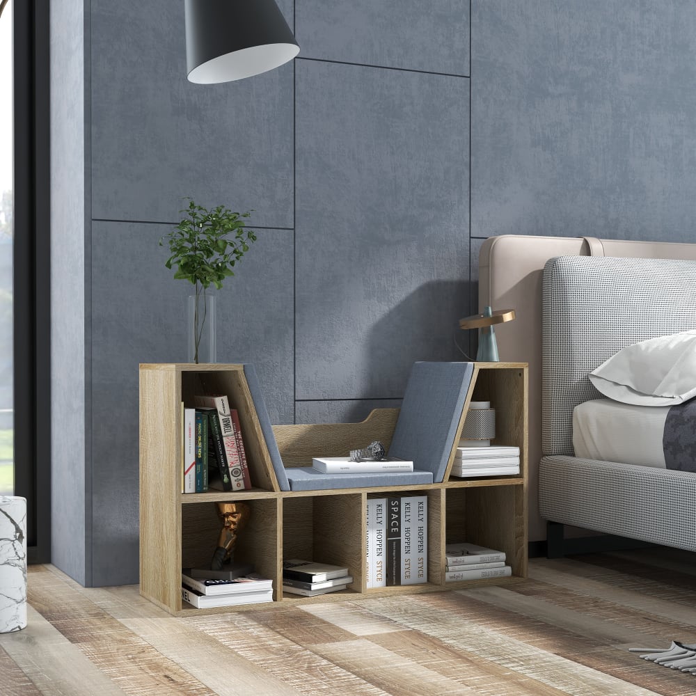 Bibliothèque banc 2 en 1 - 6 casiers aspect bois clair coussins inclus - Maisons du Monde