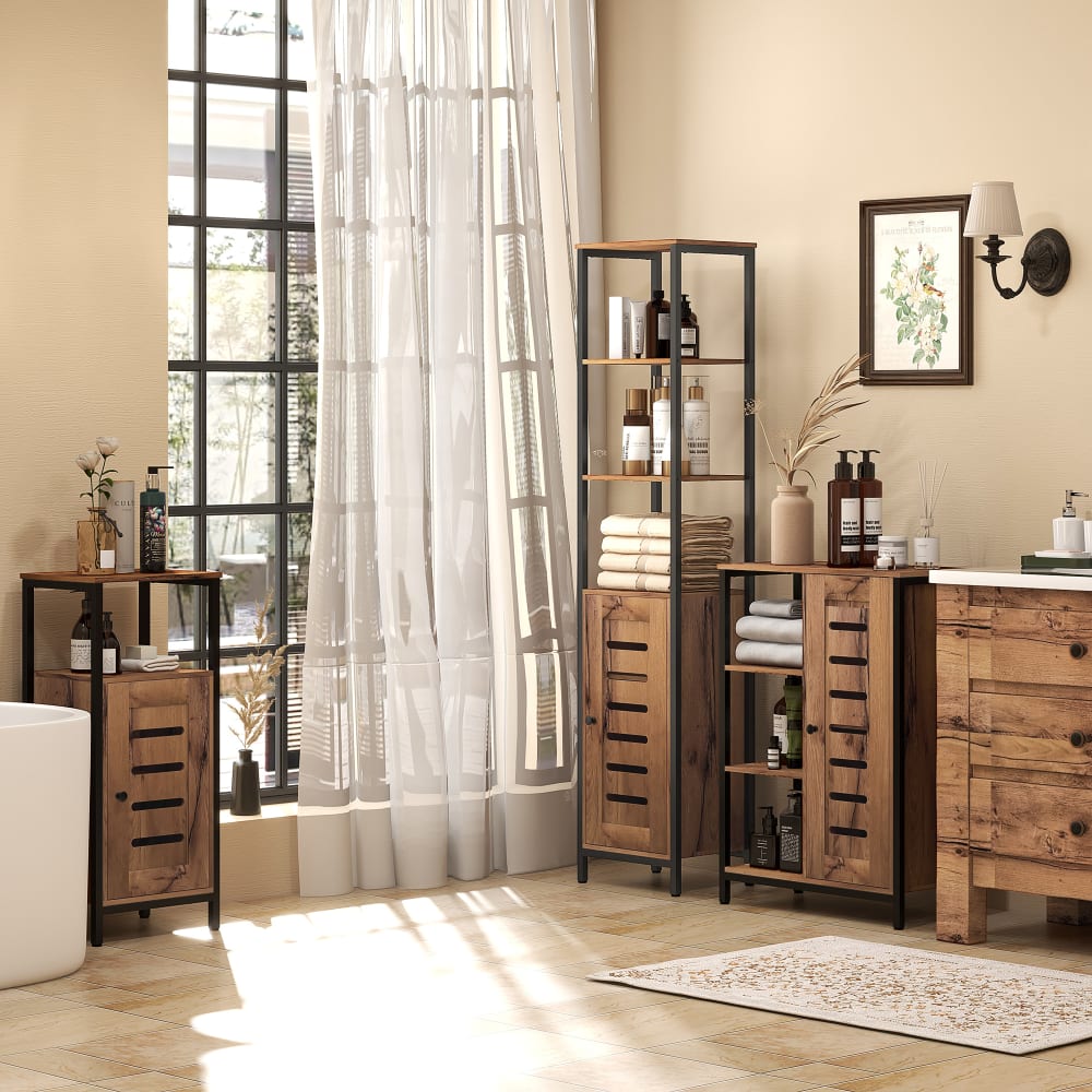 Meuble colonne salle de bain style cosy étagères porte acier noir bois