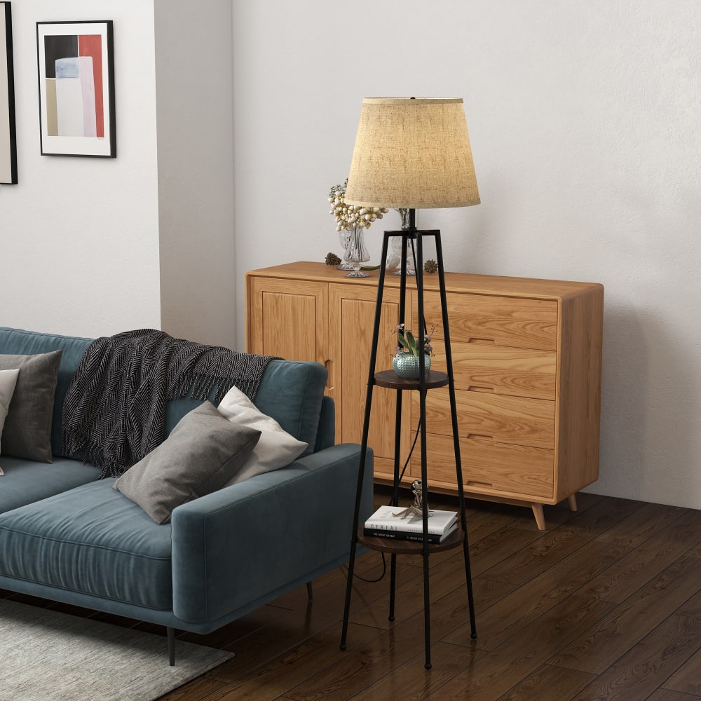 Lampadaire design 2 étagères H.166 cm métal aspect bois tissu beige - Maisons du Monde