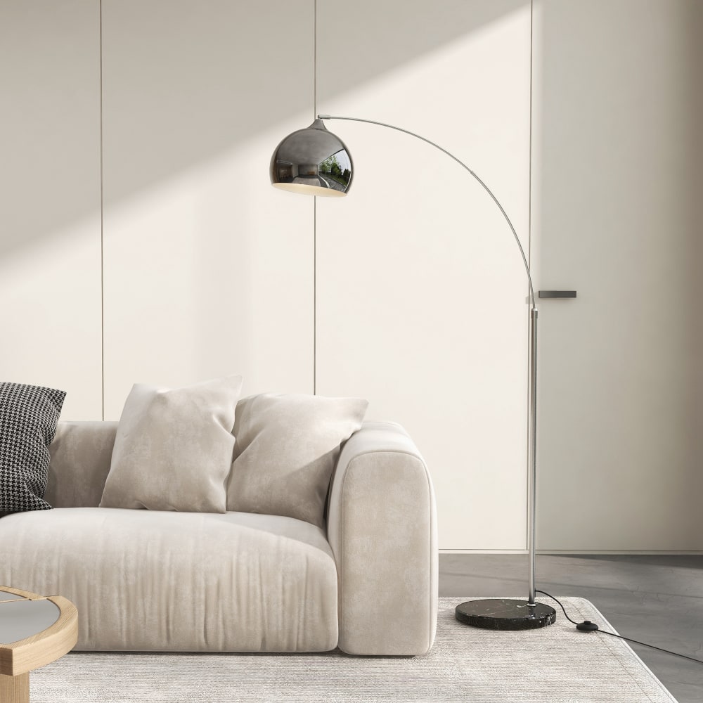 Lampadaire arc arceau courbé design marbre noir abat-jour globe chromé