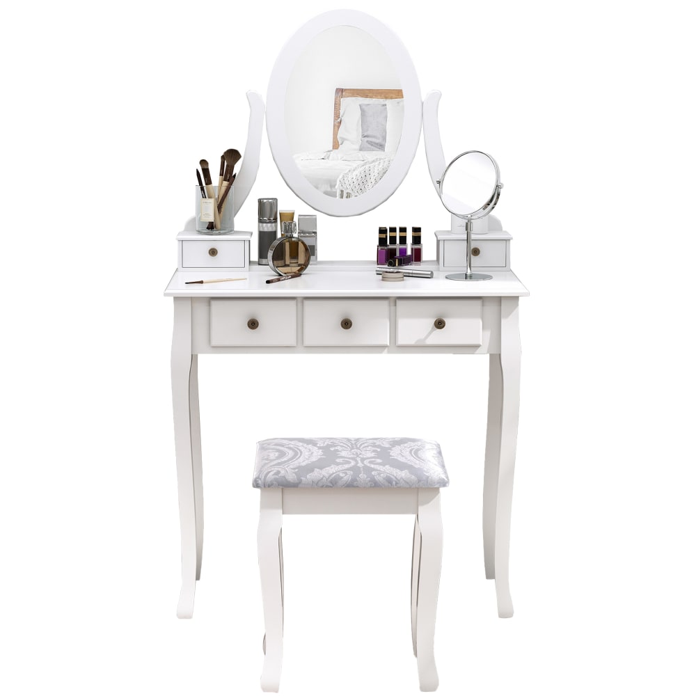 Coiffeuse et tabouret style baroque 5 tiroirs miroir pivotant blanc