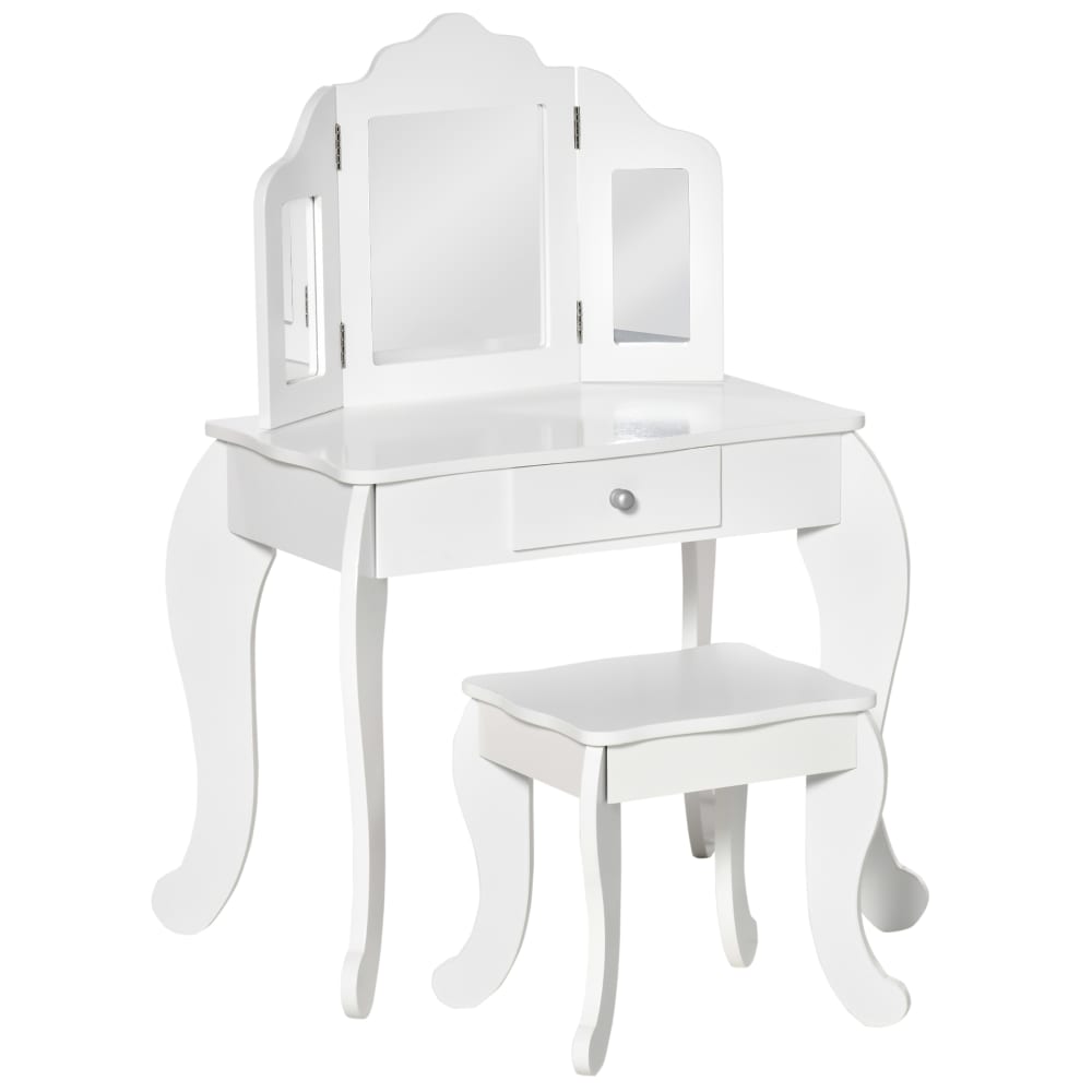 Coiffeuse enfant tabouret miroir triptyque et tiroir coulissant blanc