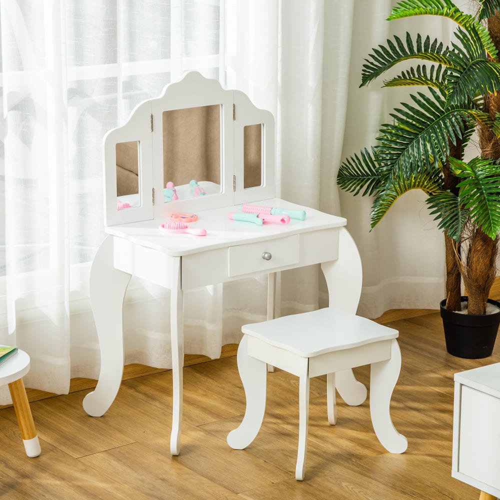 Coiffeuse enfant tabouret miroir triptyque et tiroir coulissant blanc - Maisons du Monde