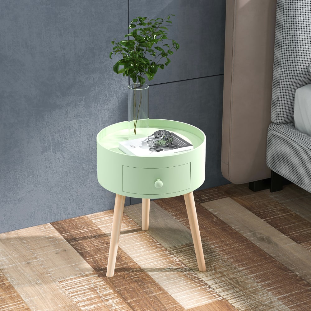 Chevet table de nuit ronde 1 tiroir design scandinave bois clair vert