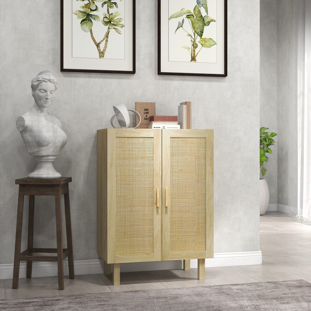 Buffet 2 portes 2 étagères style bohème chic cannage rotin bois clair