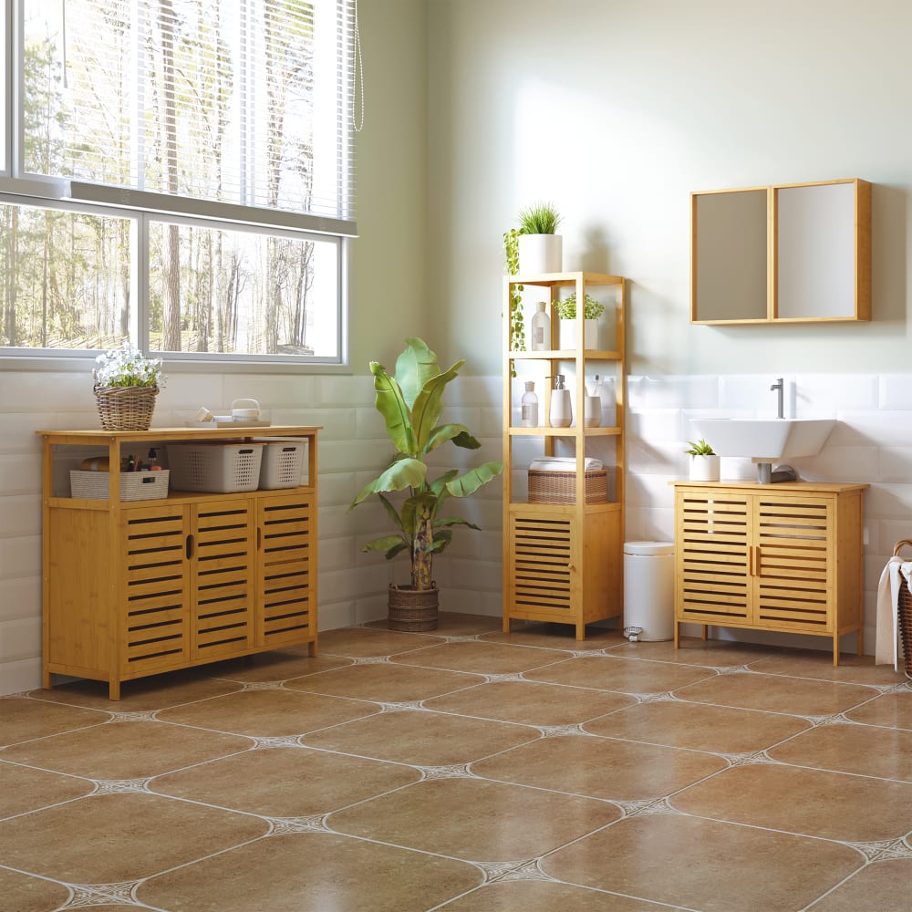 Buffet rangement bois bambou lattes style naturel 3 portes 4 étagères - Maisons du Monde