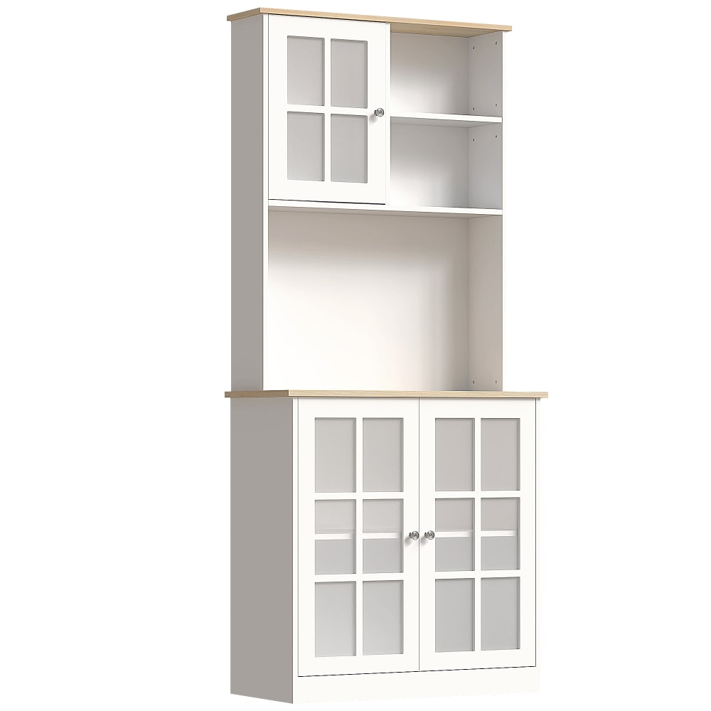 Homcom Küchenvitrinenschrank 3 Türen, 2 Fächer, Weiß&Eiche style modern Weiß Spanplatte