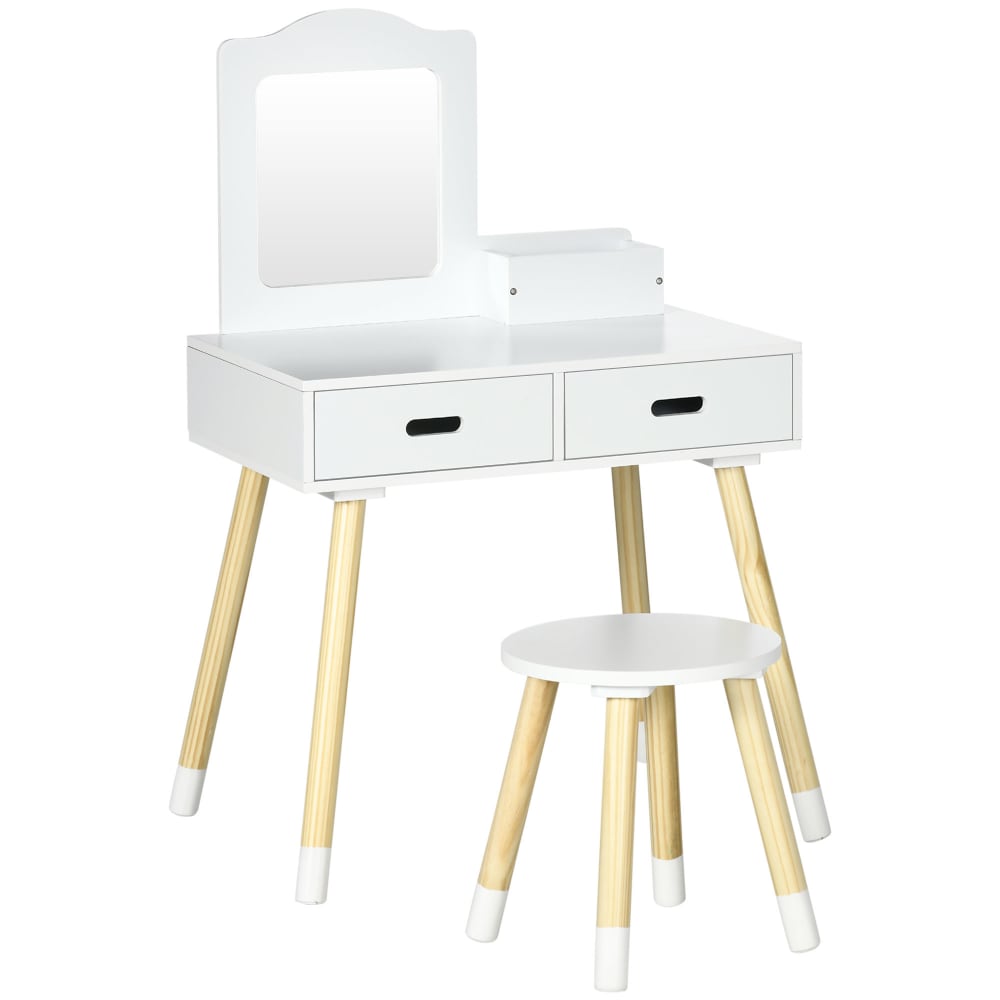 Coiffeuse enfant design scandinave et tabouret bois pin MDF blanc