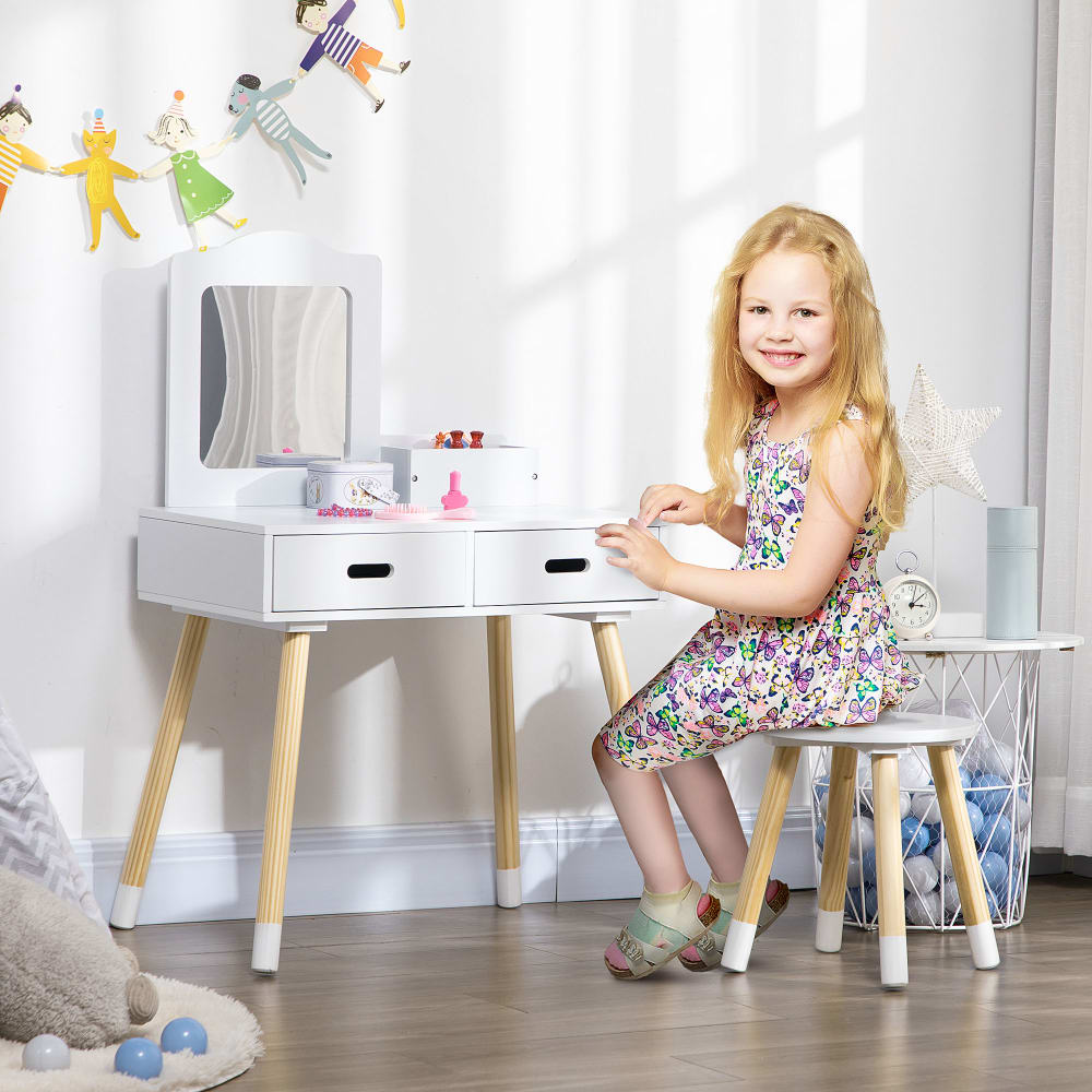 Skandinavische Kinder-Kommode & Hocker, Weiß MDF Kiefernholz -