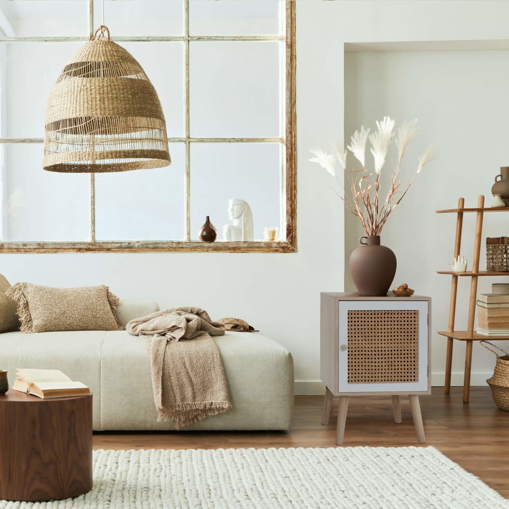 Table de chevet avec 1 porte en bois marron et rotin