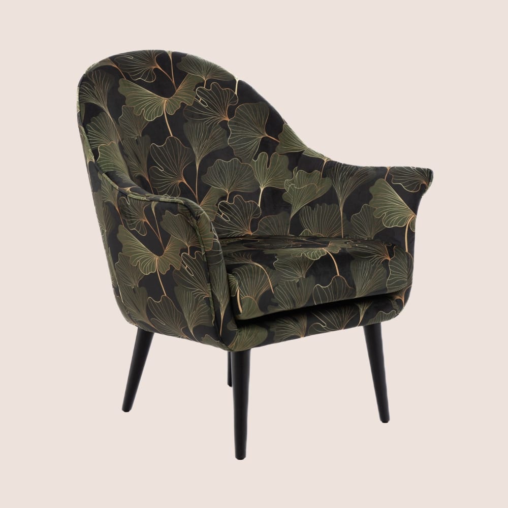 Fauteuil en velours peau de pêche aux motifs fleuris
