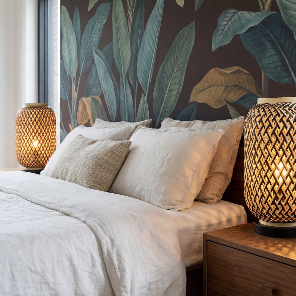 Lampe base métal noir & abat-jour tressé en bambou noir et naturel — vue 3