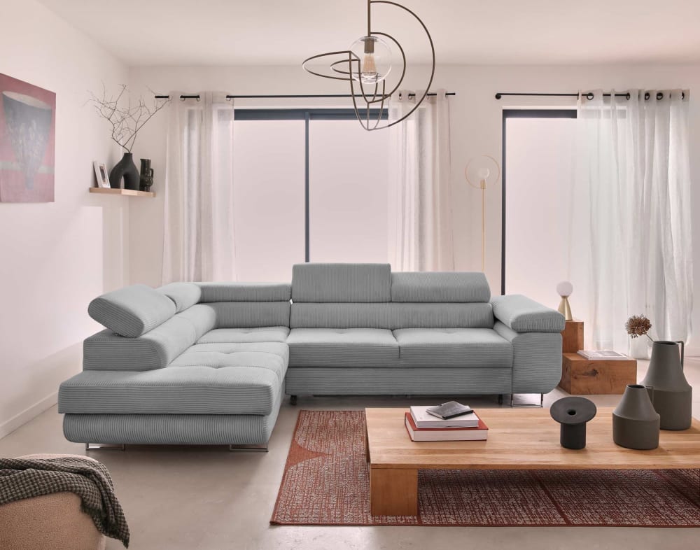 Canapé d'angle gauche 5 places en velours côtelé gris clair - Maisons du Monde