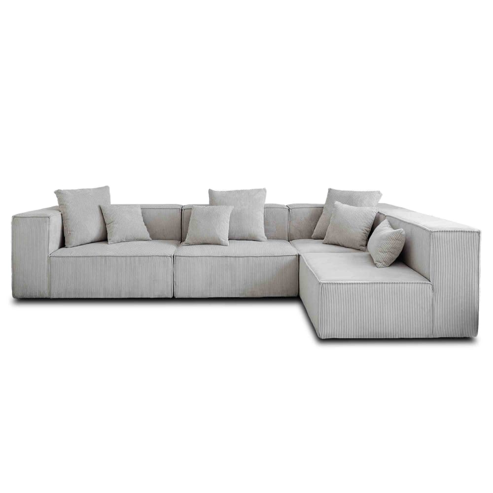 Canapé modulable 6 places angle droit en velours côtelé gris clair
