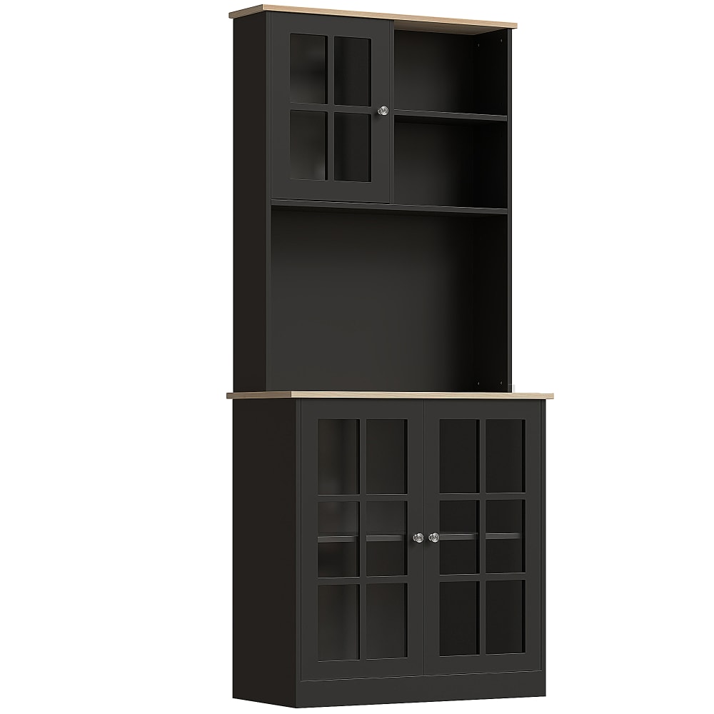 Buffet haut 3 portes vitrine verre 2 niches noir aspect chêne clair