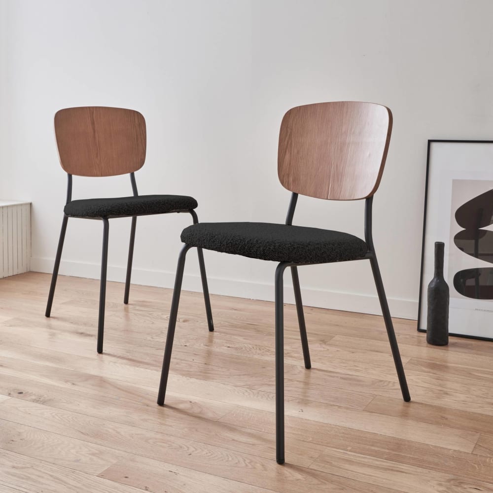 Lot de 2 chaises assise bouclette texturée noire