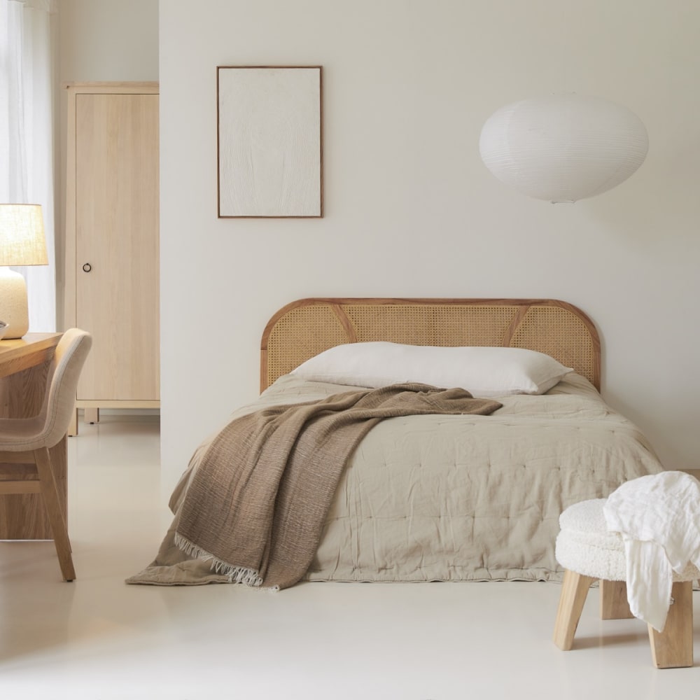 Tikamoon Kopfteil aus massivem Mindiholz und Rohrgeflecht 160 cm style vintage Beige