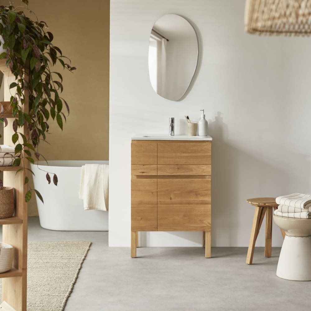 Tikamoon Waschtischkombination aus massiver Eiche und Keramik 60 cm style classic chic Beige Holz