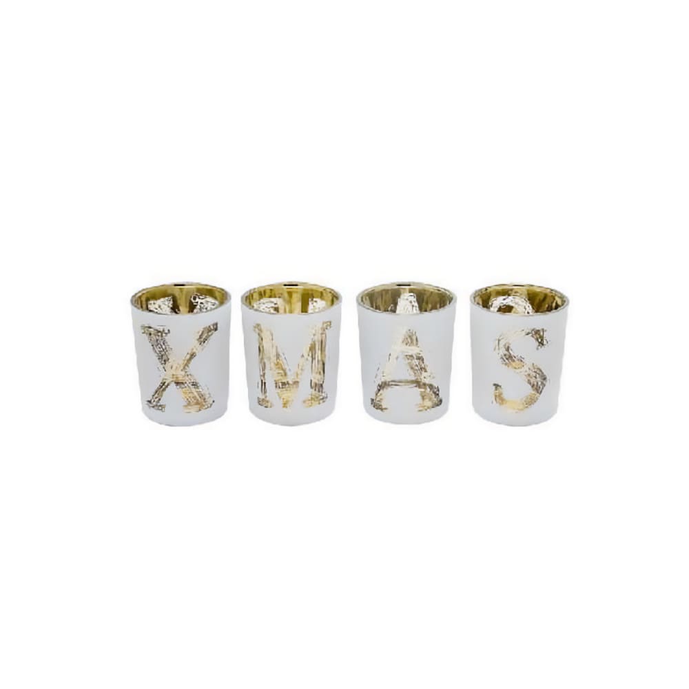 Set de 4 portavelas  de navidad en vidrio blanco y dorado h6.5