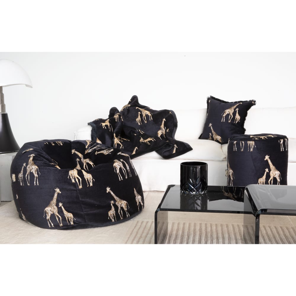 Pouf en velours noir avec girafes brodées - Maisons du Monde