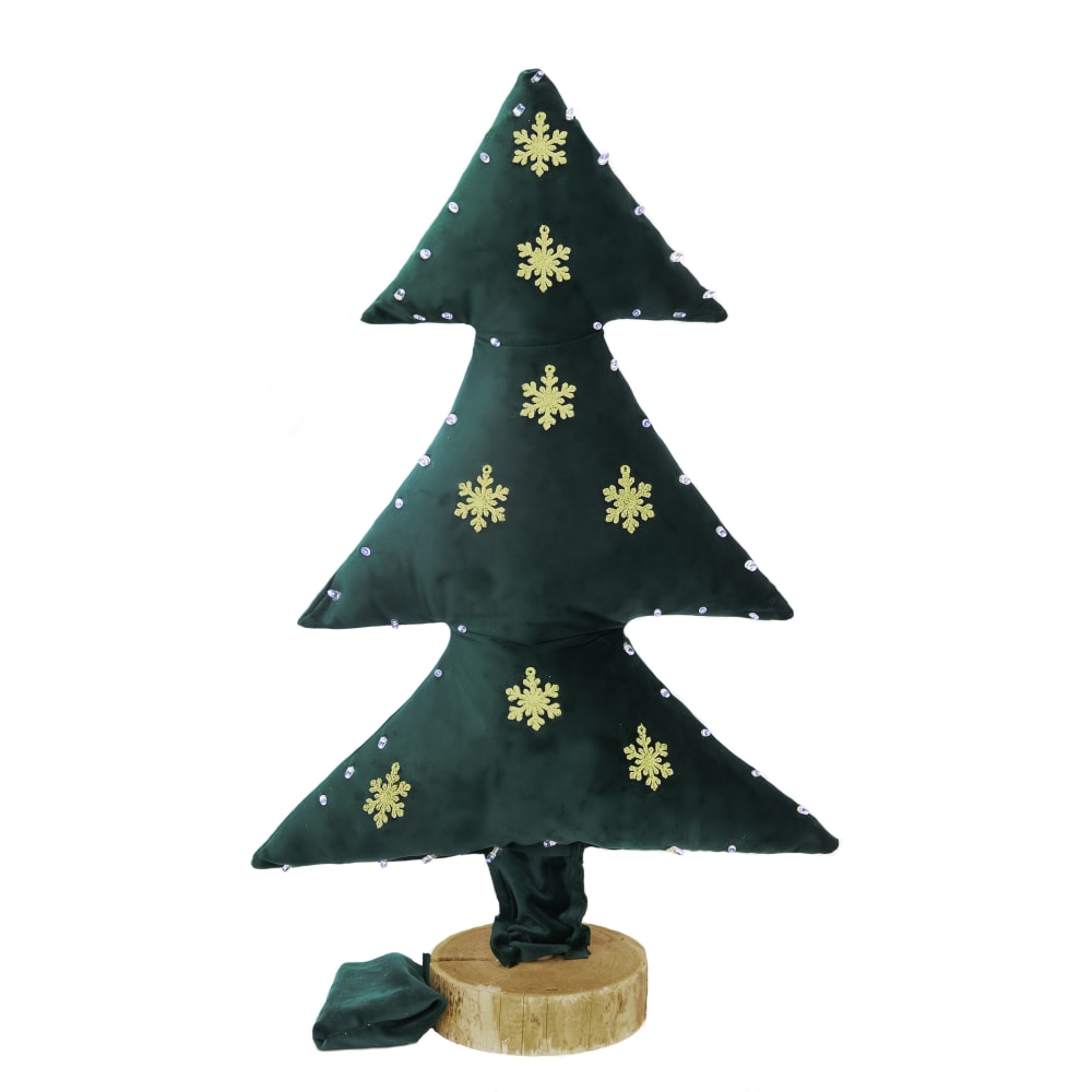 Arbol de navidad luminoso de terciopelo verde con copos oro 70cm