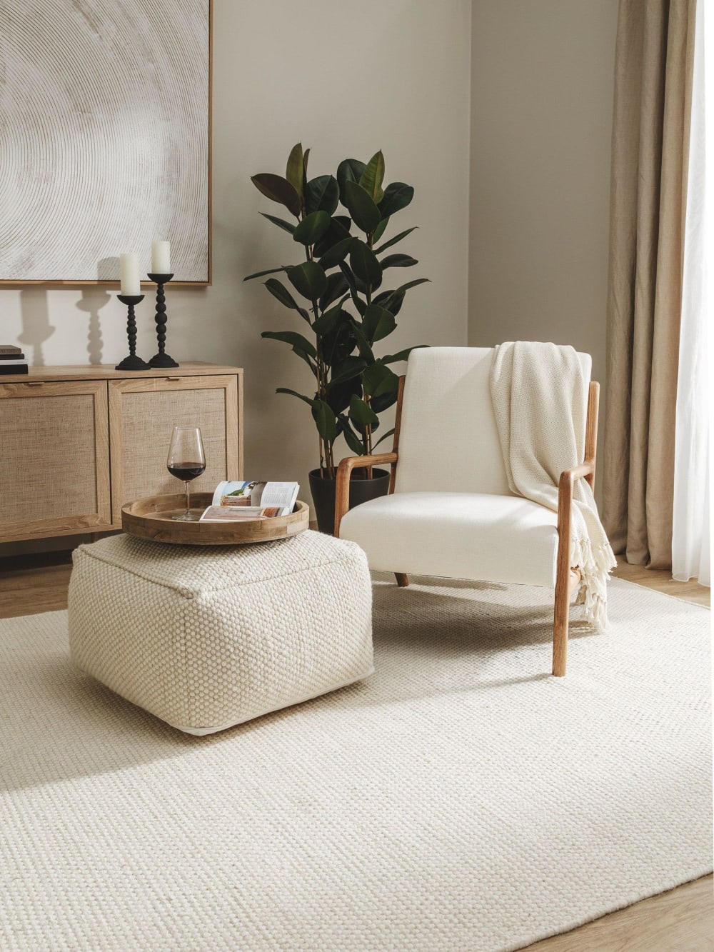 Pouf en laine fait main blanc 55x55x30