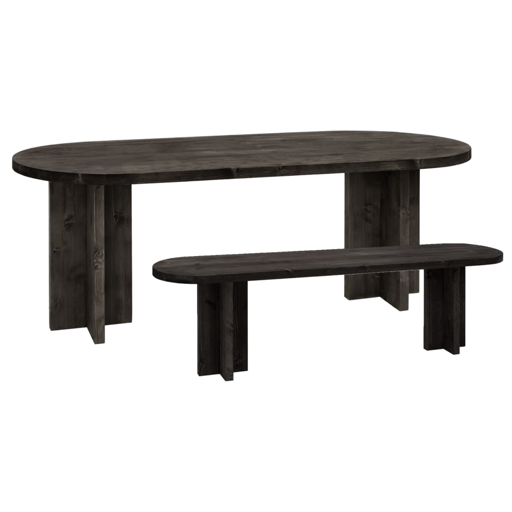 Ensemble table à manger ovale et banc en bois de sapin noir 160x75cm